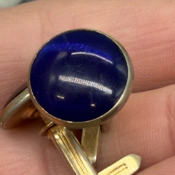 Vintage Hickok Gold Tone Blue Glass Cabochon Cufflinks Mid Century MCM - Picture 2 of 9